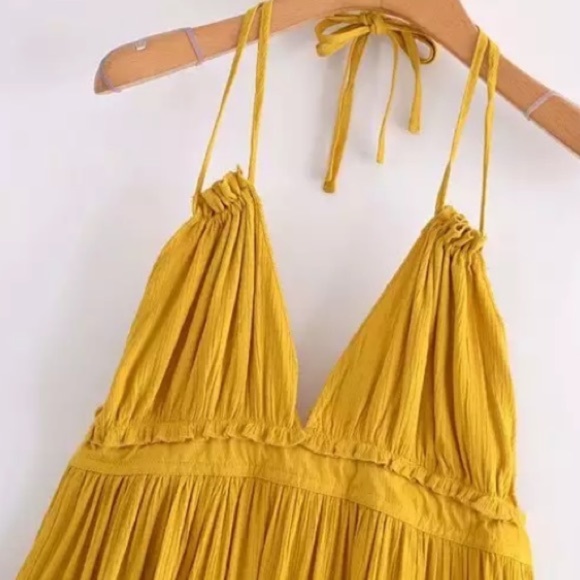 Mustard Swiss Dot Ruffle Halter Dress - Picture 2 of 6